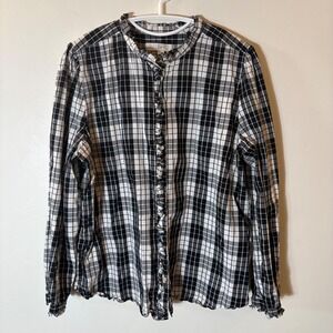 LOFT Black White Plaid Ruffle Trim Button Down Blouse Size XL